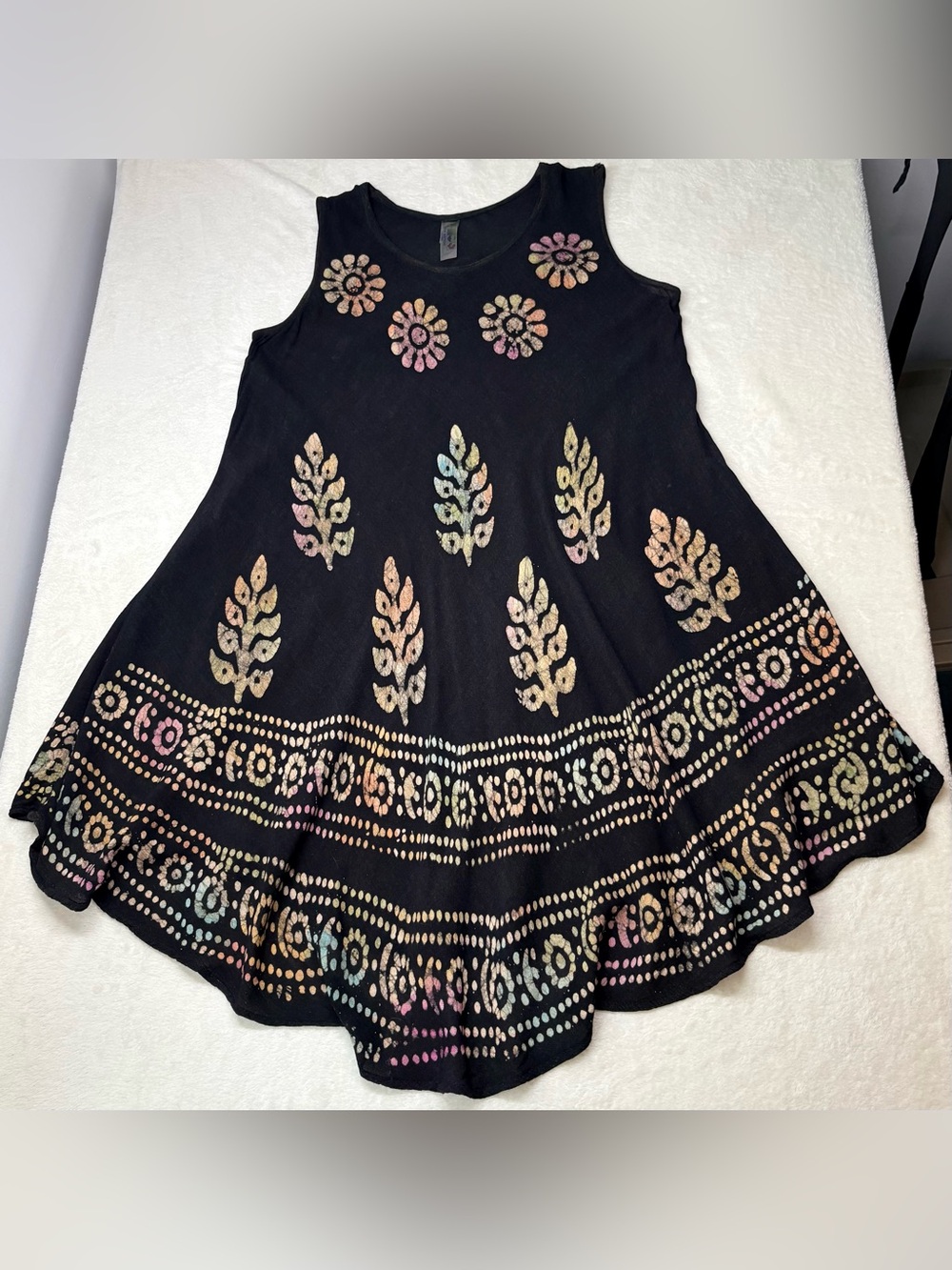 India Boutique Black Batik Printed Flowy Dress Boho Floral Sundress One Size - Picture 2 of 10